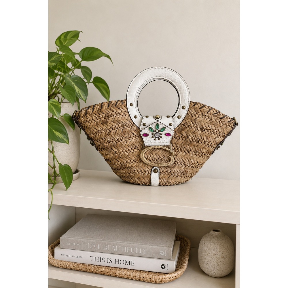 Vintage Woven Straw Basket Handbag Jeweled White Handles Y2K Boho Statement Bag